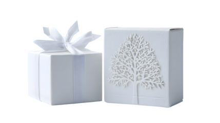 Modern gift in matte white paper with debossed abstract tree and matching ribbon, architectural minimalism, isolated on white background