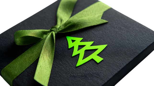 Modern gift in matte black paper with neon green foil Christmas tree and matching ribbon, edgy holiday, isolated on white background
