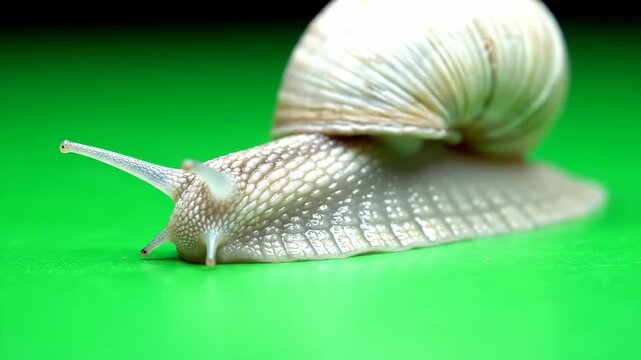 Close-up of a white snail with a striped shell on a green background