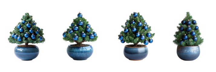 Four blue decorated christmas trees in pots isolated on transparent background