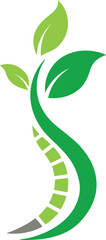 A vibrant green vector logo featuring a stylized spine intertwined with leaves, , representing health, wellness, nature, and holistic care in a clean design