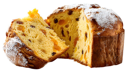 Panettone sliced open to show candied orange and raisins, dusted with powdered sugar, Italian Christmas bread, isolated on white background
