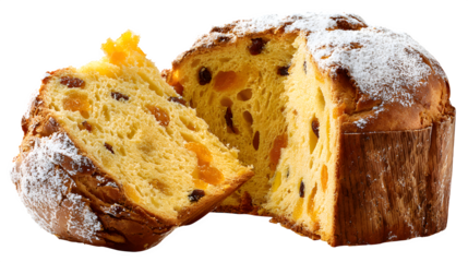 Panettone sliced open to show candied orange and raisins, dusted with powdered sugar, Italian Christmas bread, isolated on white background