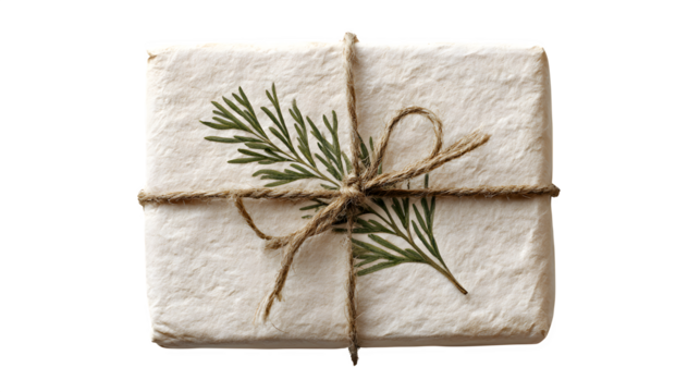 Organic gift in unbleached cotton paper with pressed evergreen sprig and hemp twine, eco-conscious design, isolated on white background