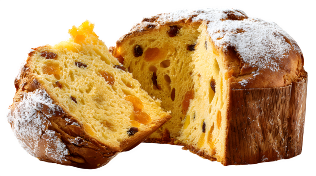 Panettone sliced open to show candied orange and raisins, dusted with powdered sugar, Italian Christmas bread, isolated on white background