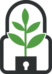 Secure growth logo featuring a plant inside a padlock, symbolizing protection, security, and sustainable development