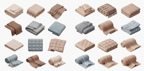 A comprehensive collection of various blankets and throws in different textures and neutral colors, presented in multiple folded and rolled arrangements. © Heri