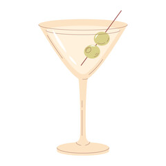 Classic Martini cocktail vector illustration. Pale golden drink in a conical martini glass, garnished with two green olives on a skewer in a clean. Modern hand drawn flat design
