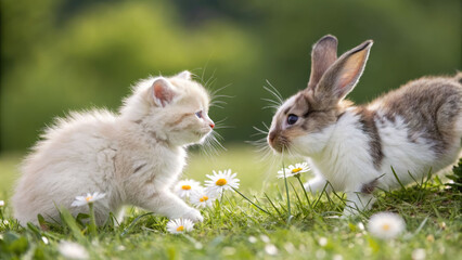 A fluffy white kitten and a small brown and white rabbit meet curiously in a sunny green field of daisies