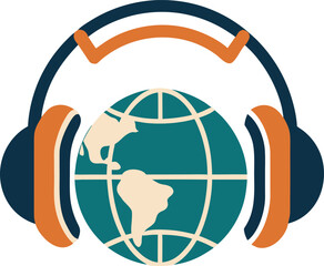 A symbolic illustration of a globe encircled by headphones, representing global communication and music