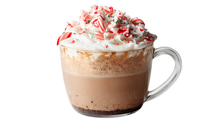 Peppermint mocha hot chocolate with espresso, crushed candy cane, and whipped cream, bold and refreshing, isolated on white background