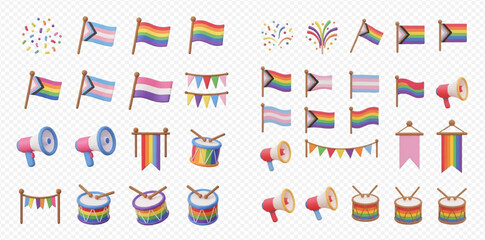 A collection of diverse LGBTQ+ pride celebration elements including various flags, megaphones, drums, confetti, and bunting on a transparent background.