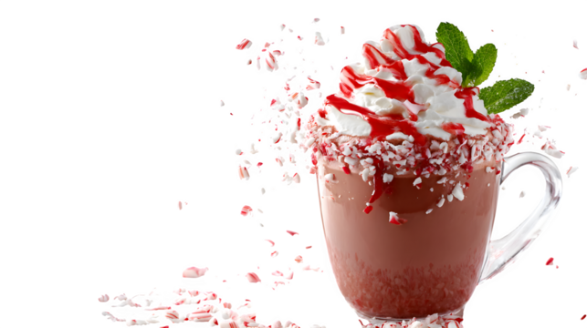 Peppermint hot chocolate with swirls of red and white syrup, whipped cream, and crushed candy cane rim, vibrant and sweet, isolated on white background