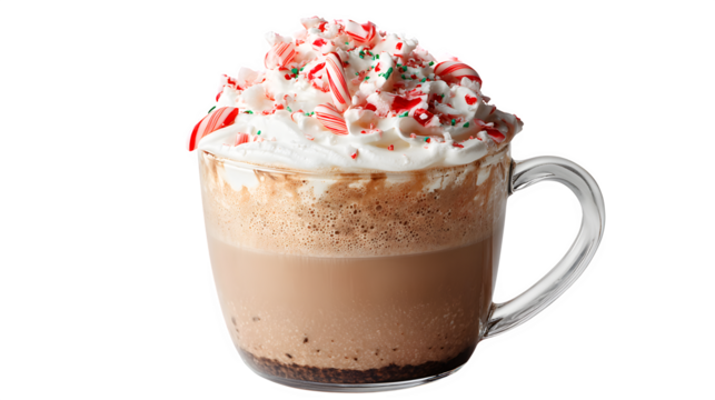 Peppermint mocha hot chocolate with espresso, crushed candy cane, and whipped cream, bold and refreshing, isolated on white background