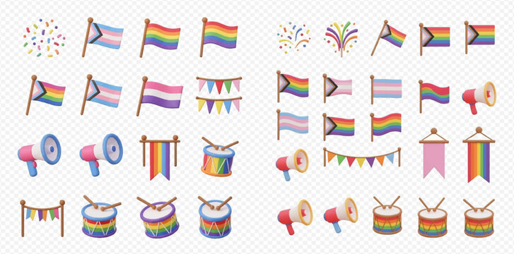 A collection of diverse LGBTQ+ pride celebration elements including various flags, megaphones, drums, confetti, and bunting on a transparent background.