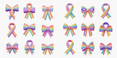 A collection of 3D pastel rainbow colored bows and ribbons in various styles, including tied bows and awareness ribbon shapes, set against a transparent background.