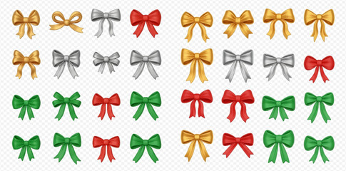A large collection of shiny decorative bows in gold, silver, red, and green colors, perfect for gifts and festive occasions.