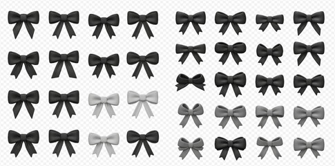 Collection of various black and grey ribbon bows, isolated on a transparent background, perfect for decorative graphic design elements.