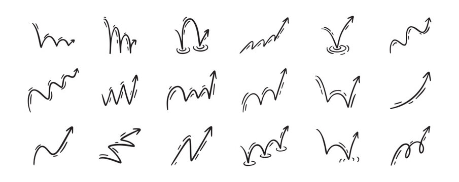 Bounce effect arrows doodle set. Manga and comic stile arrow design elements. Ball jump trajectory, ball motion expression