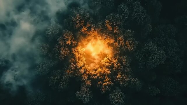 Aerial view of dense forest canopy illuminated by intense central light source amidst fog