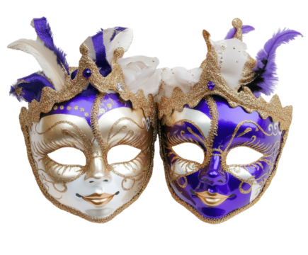 Intricately Designed Carnival Masks Adorned with Feathers and Glitter, Perfect for Celebratory Events and Festivities isolated on transparent background
