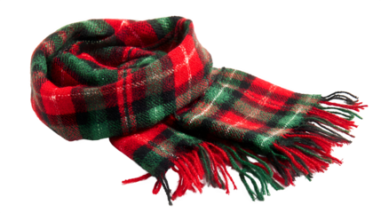 Plaid Christmas scarf in red, green, and black tartan pattern with fringed ends, wool texture and warmth implied, isolated on white background
