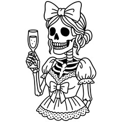 Funny Skeleton Having a Drink Vector, Halloween Party Humor and champagne Enthusiast Graphic