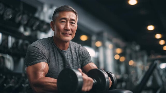 日本人男性高齢者がダンベルカールで笑顔