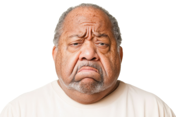A somber expression captured in a portrait of an older man, reflecting emotions of sadness, disappointment, and contemplation isolated on transparent background
