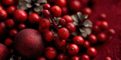 Festive Berry Burst: A vibrant arrangement of red berries, captured in a close-up shot, evokes feelings of warmth and holiday cheer. Emphasizing the natural beauty.