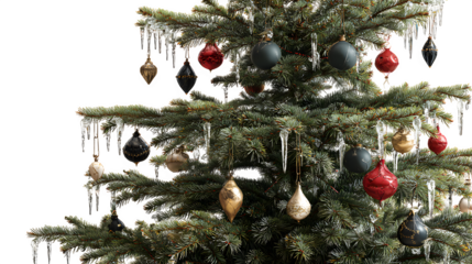 Realistic Christmas tree with hand-blown glass icicles, antique mercury ornaments, and velvet tree collar, vintage luxury, isolated on white background