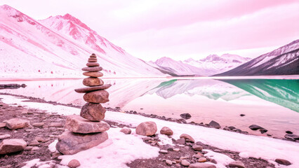 A cairn rises on the snow-covered shore of a lake, surrounded by pink mountains and turquoise water under a heavenly sky