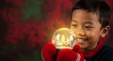 Smiling boy holding a glowing Christmas snow globe. Happy child filled with holiday wonder looking at a miniature winter village. Festive portrait with copy space for text