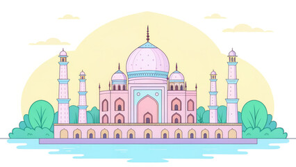 The illustration depicts the Taj Mahal in soft pastel tones, surrounded by trees and reflected in the water