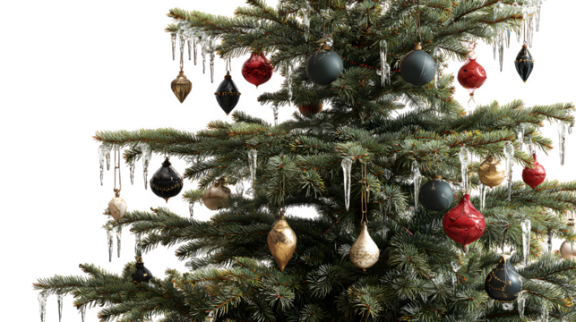 Realistic Christmas tree with hand-blown glass icicles, antique mercury ornaments, and velvet tree collar, vintage luxury, isolated on white background