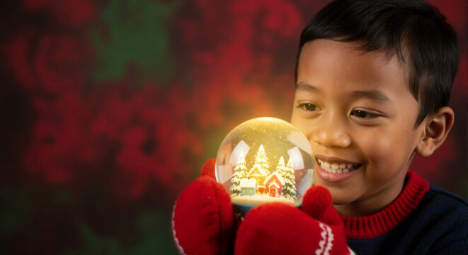 Smiling boy holding a glowing Christmas snow globe. Happy child filled with holiday wonder looking at a miniature winter village. Festive portrait with copy space for text