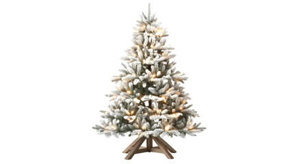 Realistic flocked Christmas tree with white-tipped branches, warm white fairy lights, and rustic wooden stand, isolated on white background