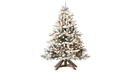 Realistic flocked Christmas tree with white-tipped branches, warm white fairy lights, and rustic wooden stand, isolated on white background
