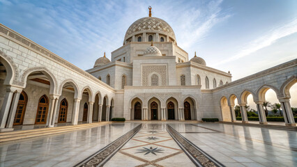 The grandeur of a white mosque with intricate domes and arches is captured against a bright sky reflected in the polished marble of the courtyard