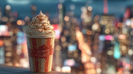 creamy treat in festive cup city backdrop