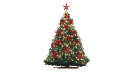 Realistic outdoor Christmas tree wrapped in net lights with oversized red bows and a glowing star topper, festive curb appeal, isolated on white background