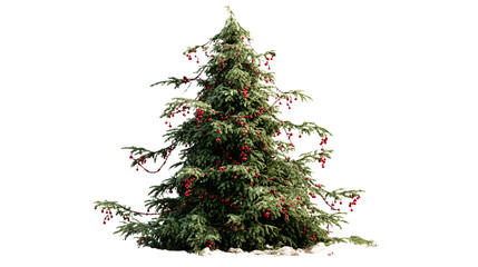 Realistic live Christmas tree with uneven silhouette, real pine scent implied, decorated with popcorn strings and cranberries, rustic charm, isolated on white background