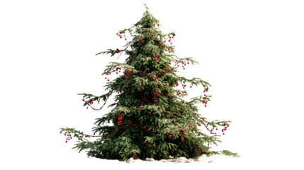 Realistic live Christmas tree with uneven silhouette, real pine scent implied, decorated with popcorn strings and cranberries, rustic charm, isolated on white background