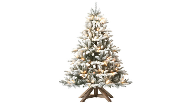 Realistic flocked Christmas tree with white-tipped branches, warm white fairy lights, and rustic wooden stand, isolated on white background - Powered by Adobe