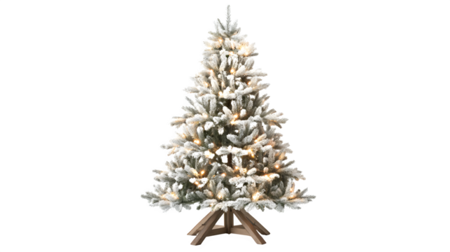 Realistic flocked Christmas tree with white-tipped branches, warm white fairy lights, and rustic wooden stand, isolated on white background