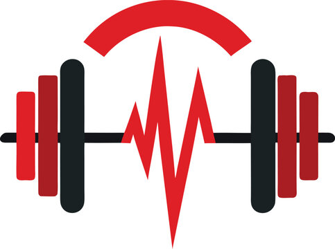 A dynamic fitness logo showcasing a barbell intertwined with a vibrant red heartbeat line, set against a clean white backdrop, symbolizing strength, energy, and cardiovascular health