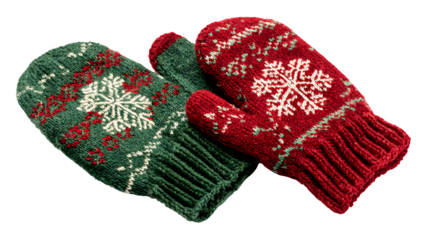 Red and green knitted mittens with snowflake embroidery and ribbed cuffs, cozy handwear for winter, isolated on white background