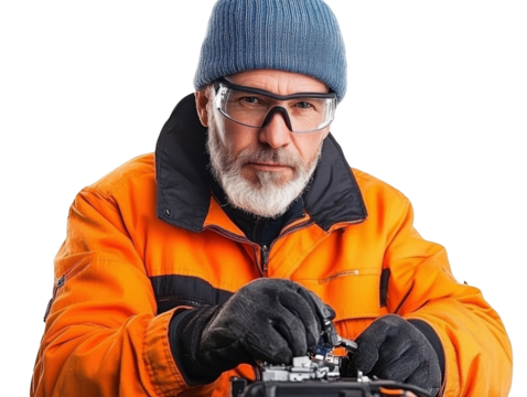 A Skilled Technician in Vibrant Orange Attire Manipulating Machinery with Precision, Focus, and Expertise in a Professional Setting isolated on transparent background