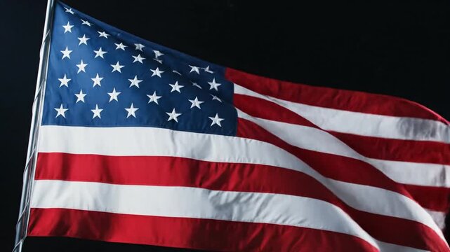 American flag waving against dark background patriotic symbolism national identity stars and stripes cloth texture