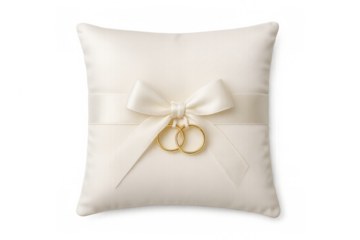 Elegant wedding rings on silk pillow with transparent background
